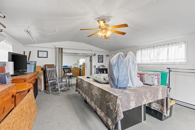 bedroom with ceiling fan and lofted ceiling