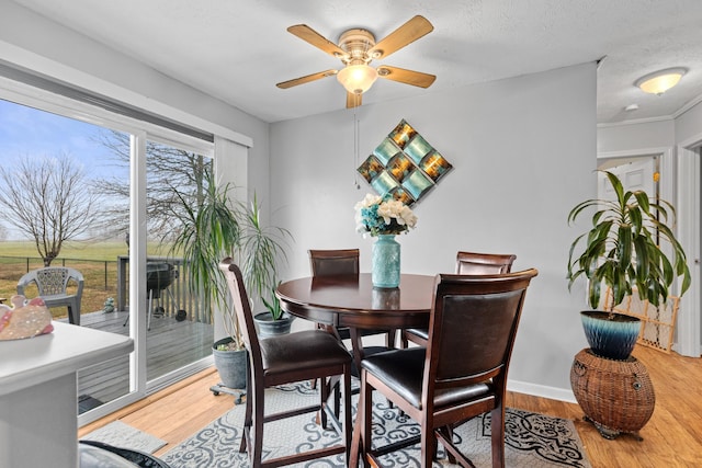 dining space featuring a textured ceiling, hardwood / wood-style flooring, and ceiling fan