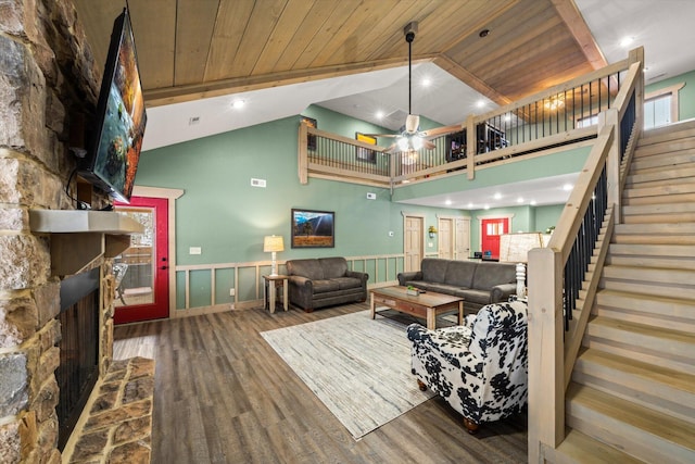 living room with ceiling fan, a fireplace, high vaulted ceiling, and wood ceiling