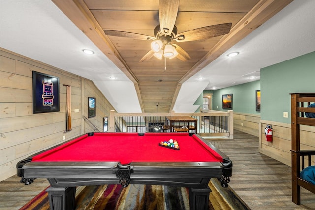 rec room featuring wood walls, lofted ceiling, ceiling fan, pool table, and wood ceiling