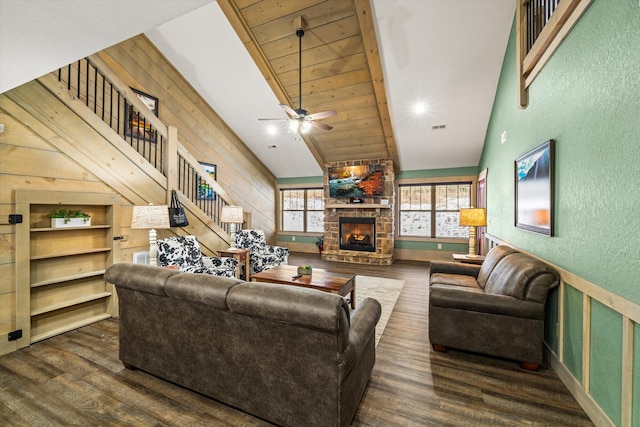 living room with wooden ceiling, ceiling fan, built in features, a fireplace, and dark hardwood / wood-style flooring