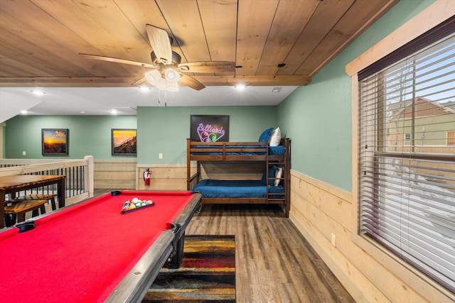 playroom with wood walls, dark hardwood / wood-style flooring, wooden ceiling, and pool table