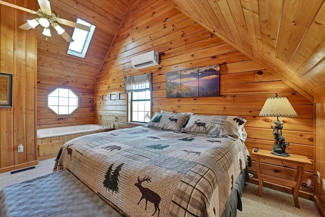 carpeted bedroom with wood walls, lofted ceiling with skylight, visible vents, and an AC wall unit