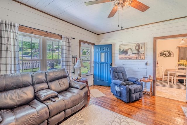 625 Trentham Hollow Rd, Parrottsville, TN 37843 - living area featuring wooden walls, a ceiling fan, and wood finished floors