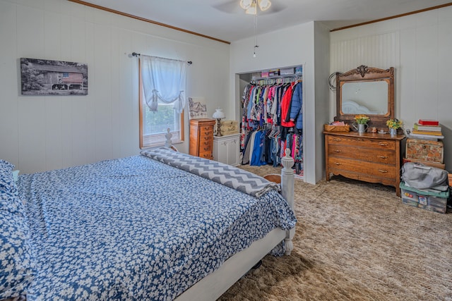 625 Trentham Hollow Rd, Parrottsville, TN 37843 - bedroom with carpet flooring, crown molding, ceiling fan, and wood walls