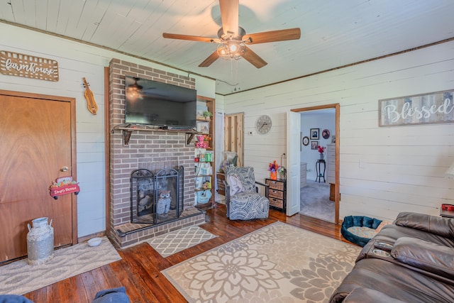 625 Trentham Hollow Rd, Parrottsville, TN 37843 - living area with hardwood / wood-style floors, wooden walls, ceiling fan, a fireplace, and wood ceiling