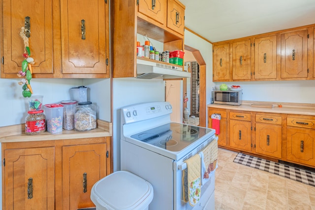 625 Trentham Hollow Rd, Parrottsville, TN 37843 - kitchen with white range with electric stovetop, stainless steel microwave, under cabinet range hood, and light countertops