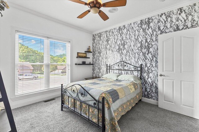419 Colonial St, Jefferson City, TN 37760 - bedroom featuring carpet flooring, crown molding, baseboards, a ceiling fan, and wallpapered walls