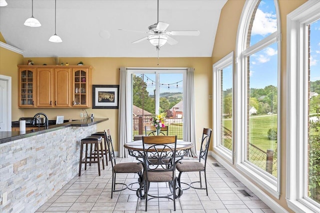 419 Colonial St, Jefferson City, TN 37760 - dining space featuring vaulted ceiling, light tile patterned flooring, and a ceiling fan