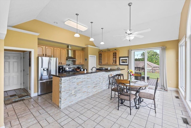 419 Colonial St, Jefferson City, TN 37760 - kitchen with appliances with stainless steel finishes, lofted ceiling, wall chimney exhaust hood, a sink, and glass insert cabinets