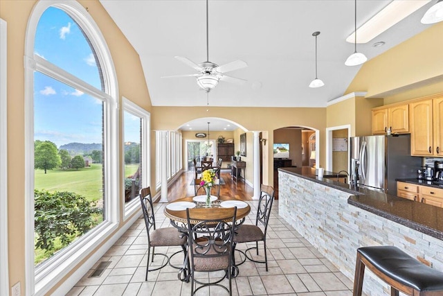419 Colonial St, Jefferson City, TN 37760 - dining room featuring arched walkways, high vaulted ceiling, a ceiling fan, and a mountain view