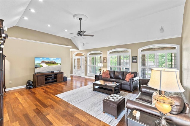 419 Colonial St, Jefferson City, TN 37760 - living room with lofted ceiling, a ceiling fan, wood finished floors, baseboards, and recessed lighting