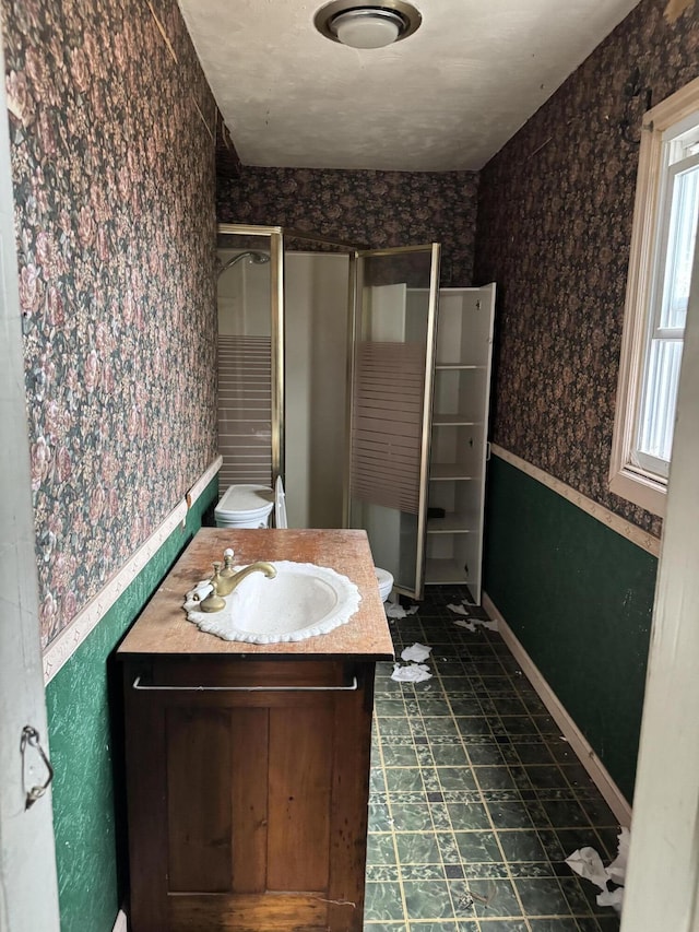 bathroom featuring toilet, vanity, and an enclosed shower