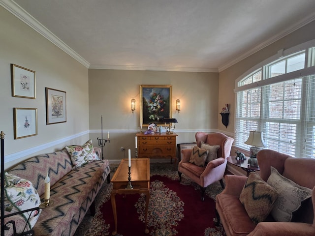 living room featuring crown molding