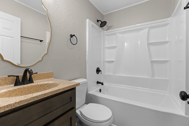 full bathroom featuring vanity, shower / bathtub combination, toilet, and a textured ceiling