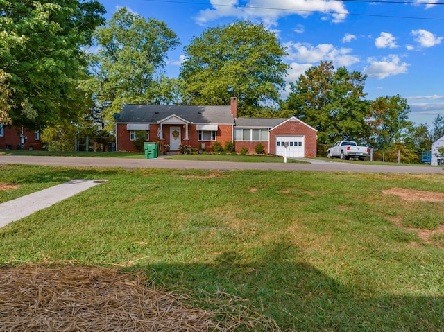 single story home with a garage and a front lawn