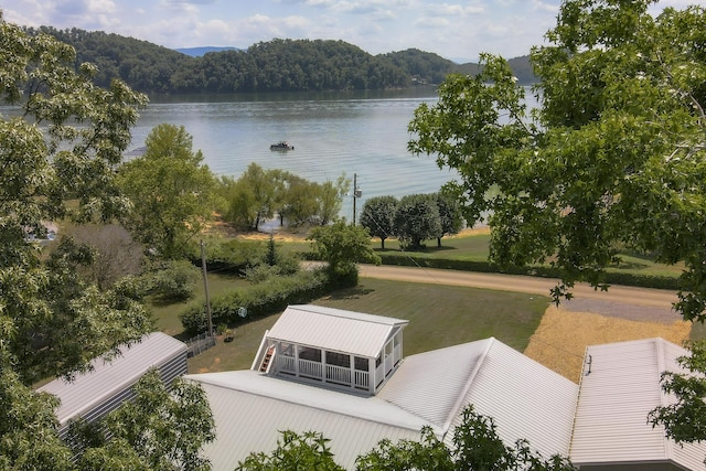 bird's eye view with a water view