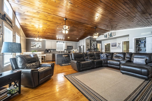 living room with light wood-type flooring, ceiling fan with notable chandelier, lofted ceiling, and wood ceiling