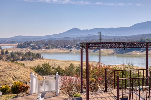 property view of water with fence and a mountain view