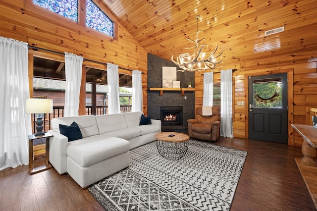 living room with a stone fireplace, dark wood-type flooring, and wood walls