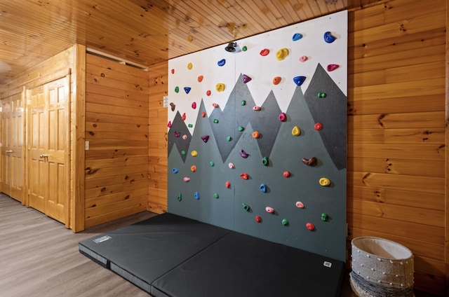 exercise room featuring wooden ceiling, light hardwood / wood-style floors, and wood walls