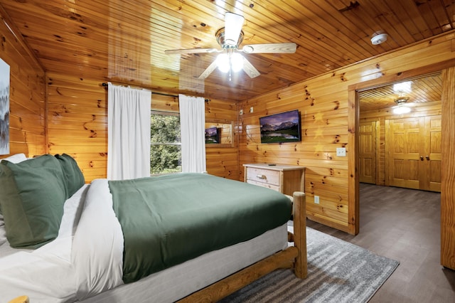 bedroom featuring dark wood-type flooring, wooden ceiling, and wooden walls