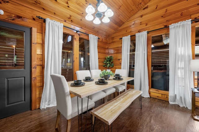 dining space featuring lofted ceiling, wooden ceiling, a notable chandelier, and dark hardwood / wood-style flooring