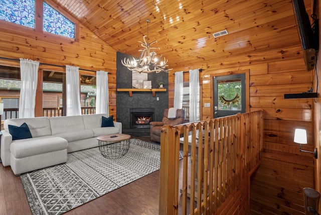 living room featuring wood walls, wood ceiling, a chandelier, high vaulted ceiling, and dark hardwood / wood-style flooring