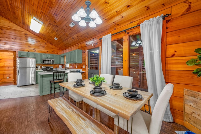 dining area with lofted ceiling, wood walls, wood ceiling, a notable chandelier, and hardwood / wood-style flooring