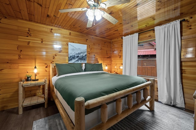 bedroom with wood-type flooring, ceiling fan, wooden ceiling, and wooden walls