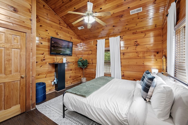 bedroom featuring dark wood-type flooring, wood ceiling, wooden walls, and vaulted ceiling