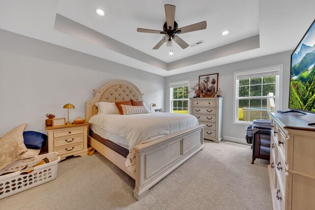 113 Cheshire Ct, Jefferson City, TN 37760 - bedroom with a tray ceiling, light colored carpet, baseboards, recessed lighting, and ceiling fan