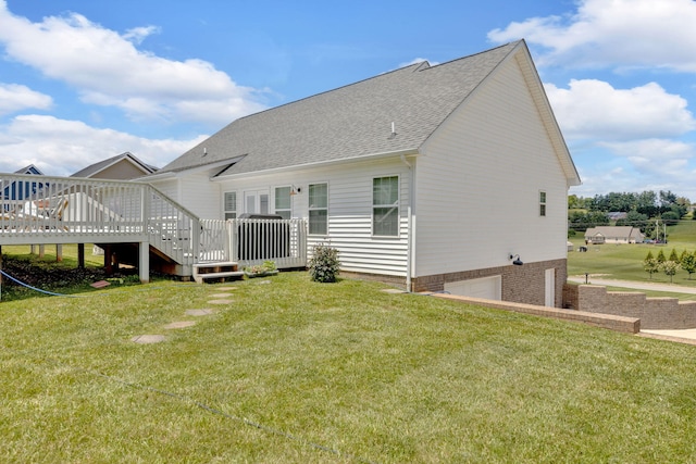 113 Cheshire Ct, Jefferson City, TN 37760 - rear view of house featuring a deck, a shingled roof, a garage, and a lawn