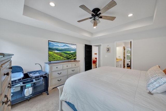 113 Cheshire Ct, Jefferson City, TN 37760 - bedroom with a raised ceiling, light carpet, recessed lighting, ceiling fan, and connected bathroom