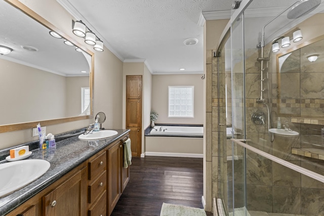 104-116 Circle Rd, Newport, TN 37821 - bathroom featuring double vanity, a stall shower, a bath, crown molding, and healthy amount of natural light