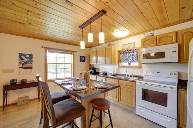 104-116 Circle Rd, Newport, TN 37821 - kitchen featuring white appliances, wood ceiling, dark countertops, a kitchen bar, and a center island