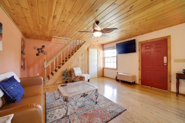 104-116 Circle Rd, Newport, TN 37821 - living room with wooden ceiling, stairway, ceiling fan, and wood finished floors