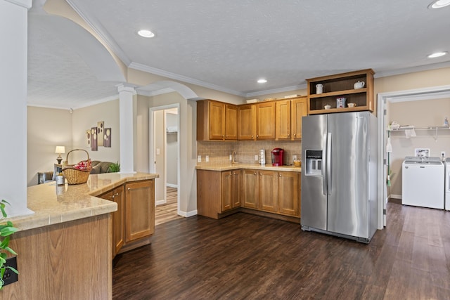 104-116 Circle Rd, Newport, TN 37821 - kitchen featuring stainless steel refrigerator with ice dispenser, ornate columns, dark wood-style flooring, light countertops, and recessed lighting