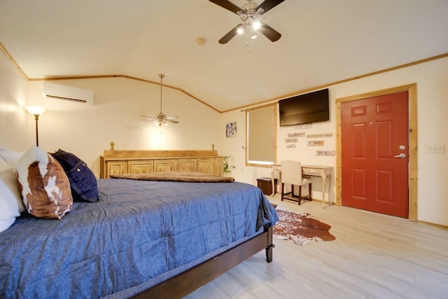 104-116 Circle Rd, Newport, TN 37821 - bedroom with a wall mounted AC, wood finished floors, vaulted ceiling, crown molding, and ceiling fan