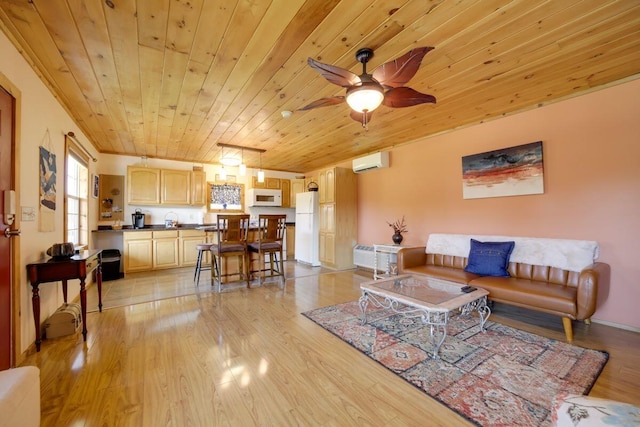 104-116 Circle Rd, Newport, TN 37821 - living area with wooden ceiling, light wood finished floors, a wall mounted AC, and ceiling fan