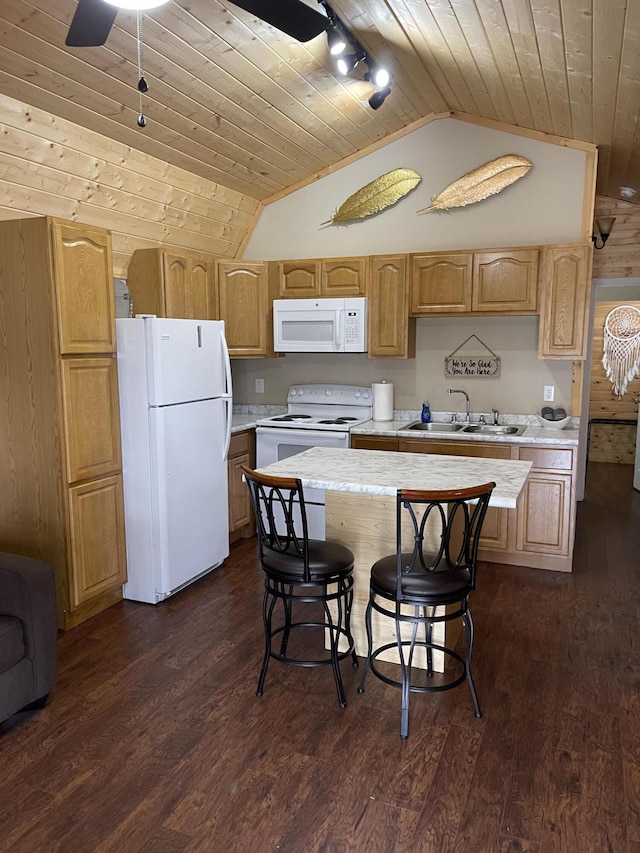 104-116 Circle Rd, Newport, TN 37821 - kitchen with white appliances, wooden ceiling, lofted ceiling, light countertops, and a kitchen breakfast bar