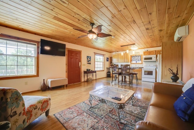 104-116 Circle Rd, Newport, TN 37821 - living room featuring a wall mounted air conditioner, wooden ceiling, a ceiling fan, and light wood-style floors