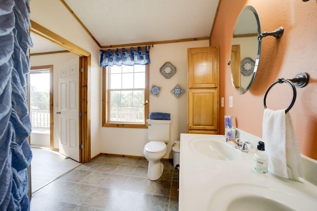 104-116 Circle Rd, Newport, TN 37821 - bathroom featuring lofted ceiling, healthy amount of natural light, tile patterned flooring, double vanity, and crown molding