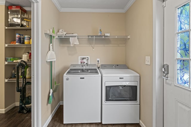 104-116 Circle Rd, Newport, TN 37821 - washroom featuring separate washer and dryer, dark wood-style floors, and crown molding