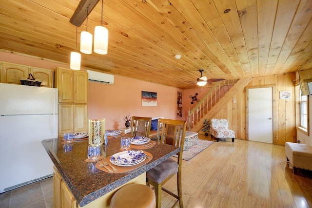 104-116 Circle Rd, Newport, TN 37821 - dining room featuring wooden ceiling, stairs, a wall mounted AC, wood finished floors, and ceiling fan