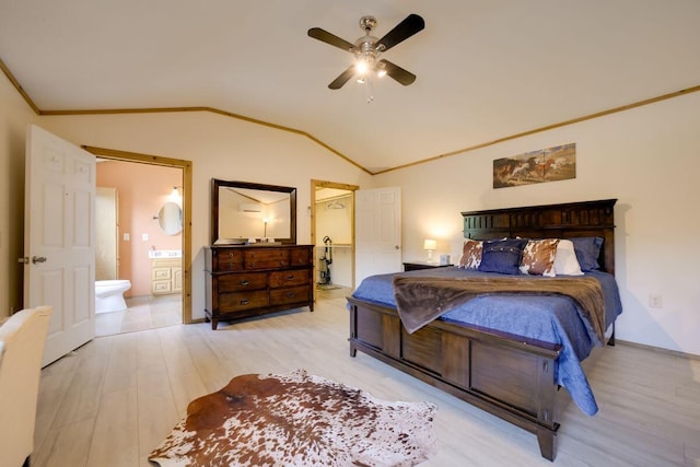 104-116 Circle Rd, Newport, TN 37821 - bedroom with wood finished floors, lofted ceiling, connected bathroom, ornamental molding, and a ceiling fan
