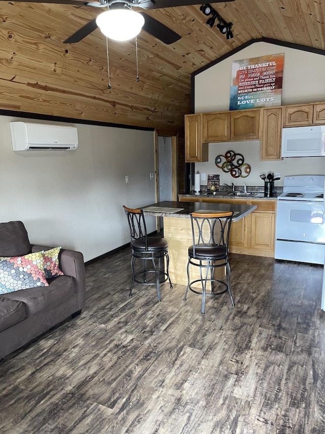 104-116 Circle Rd, Newport, TN 37821 - kitchen featuring white appliances, wooden ceiling, a wall unit AC, dark wood-style flooring, and dark countertops