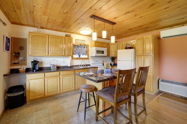 104-116 Circle Rd, Newport, TN 37821 - kitchen featuring white appliances, a wall mounted AC, a breakfast bar area, light brown cabinetry, and wood ceiling