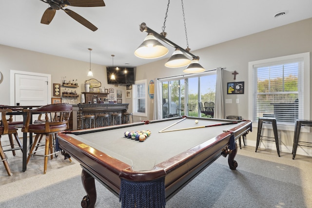 340 Back Nine Dr, Baneberry, TN 37890 - rec room with billiards table, ceiling fan, and a dry bar