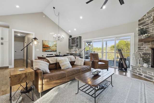340 Back Nine Dr, Baneberry, TN 37890 - living area featuring hardwood / wood-style floors, high vaulted ceiling, a chandelier, recessed lighting, and a fireplace